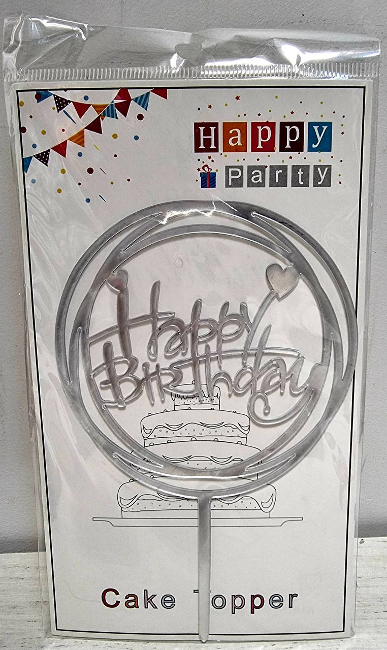 

Топпер в торт акриловый "Happy Birthday": двойной круг серебро