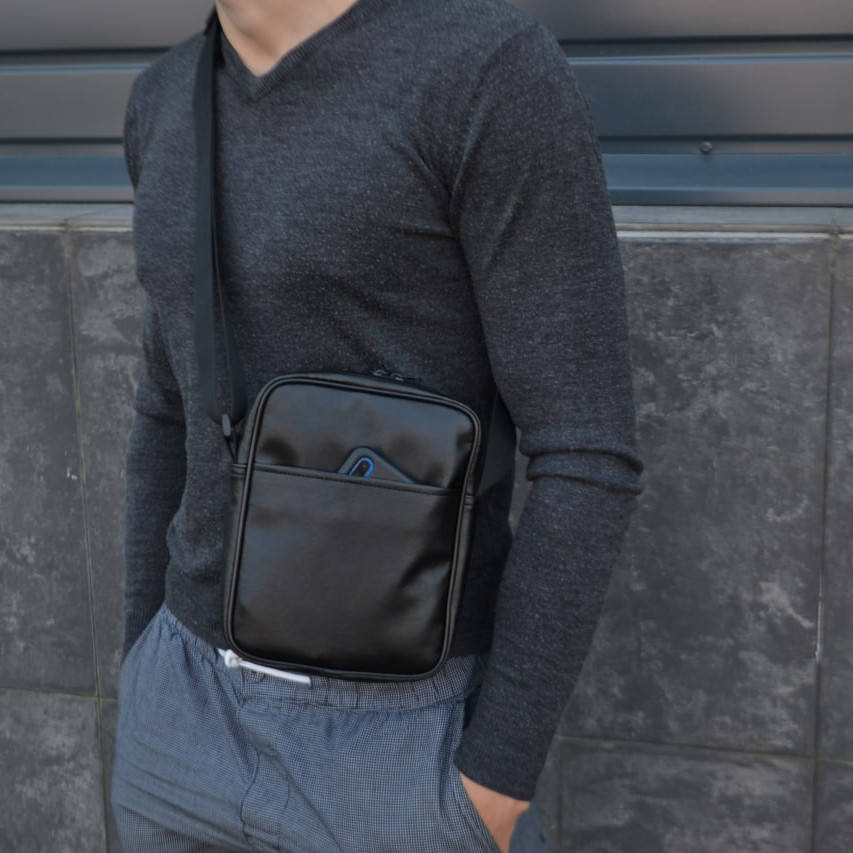 

Барсетка мужская городская тактическая сумка однолямочная через плечо,бананка барсетка для документов кожанная, Черный