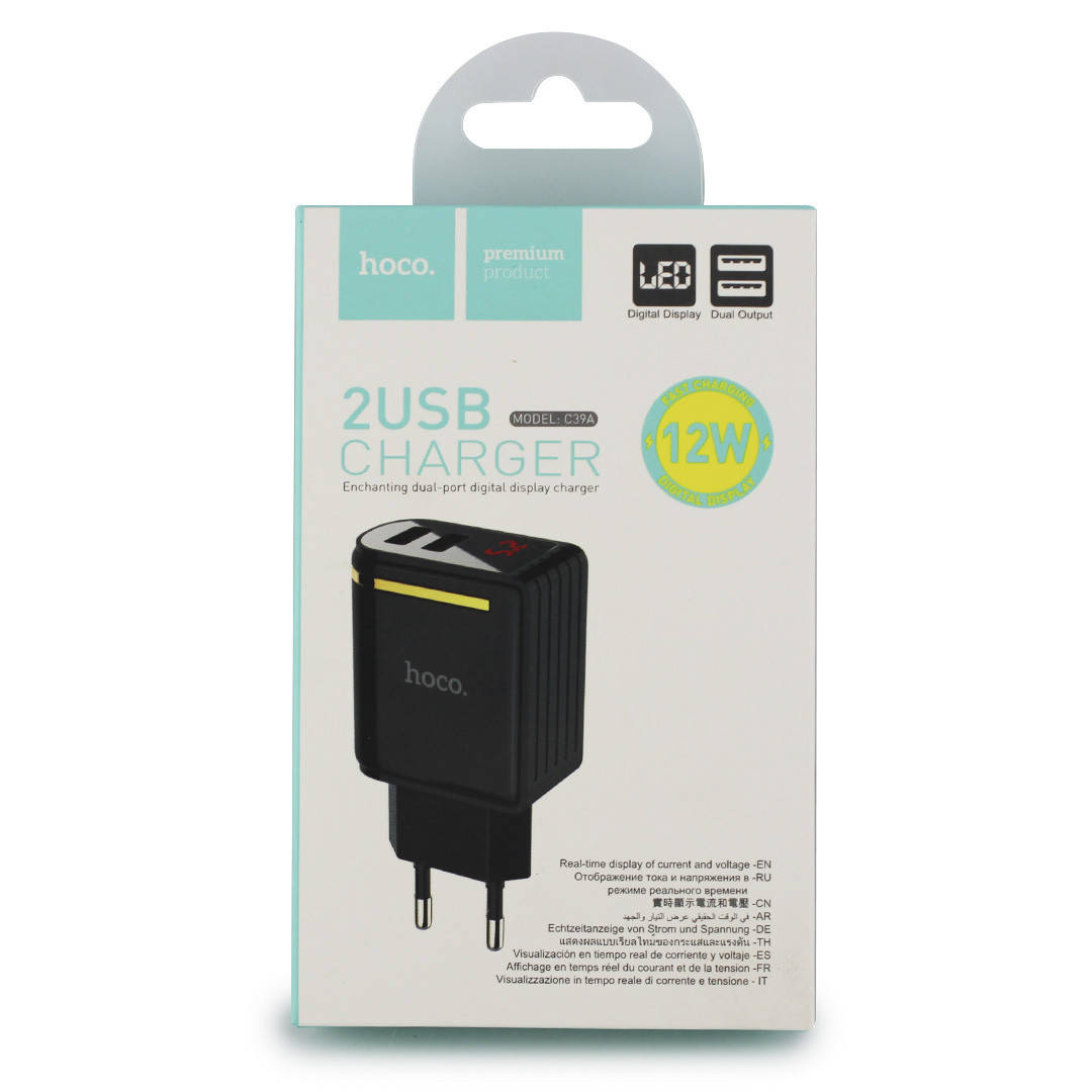 

Сетевой адаптер, зарядное устройство HOCO С39A, 2 USB, цифровой дисплей, Черный