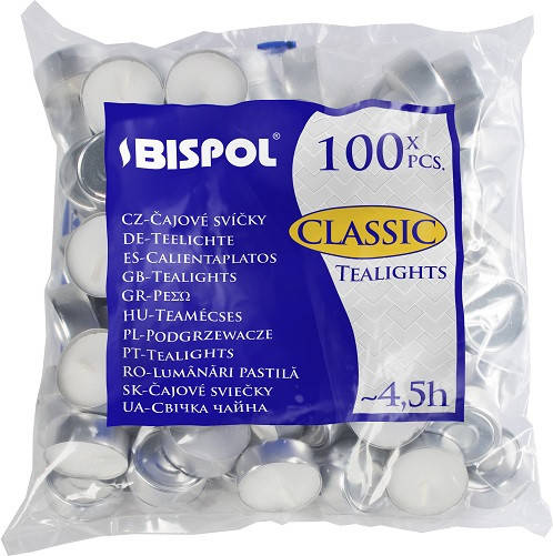

Свечи чайные Bispol Classic Tealights 1,5 см 100 шт (p15-100), Белый