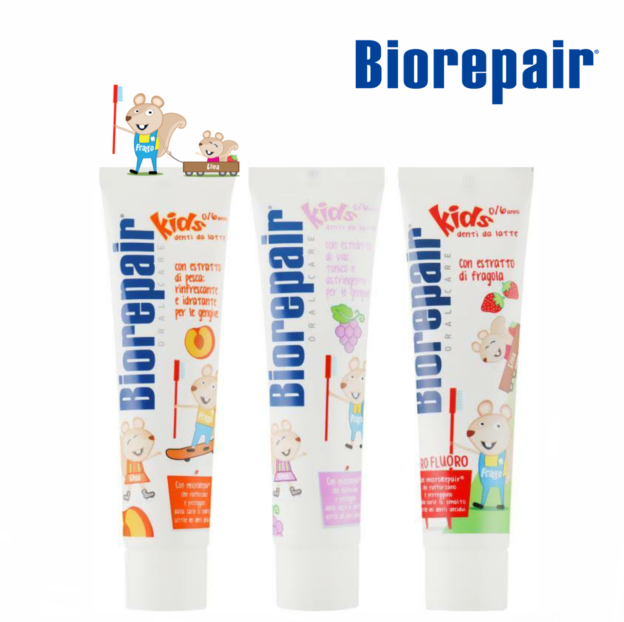 

Набор BIOREPAIR Kids "Радуга вкусов" (земляника, персик, виноград) 3 зубные пасты