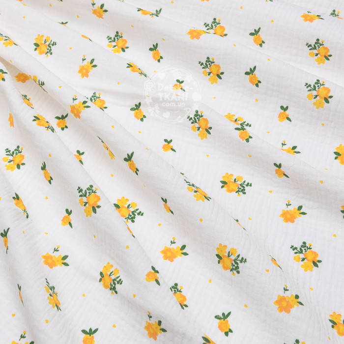 

Двухслойный жатый муслин "Букеты жёлтых цветов и маленькие сердечки" на белом, ширина 135 см, Розовый