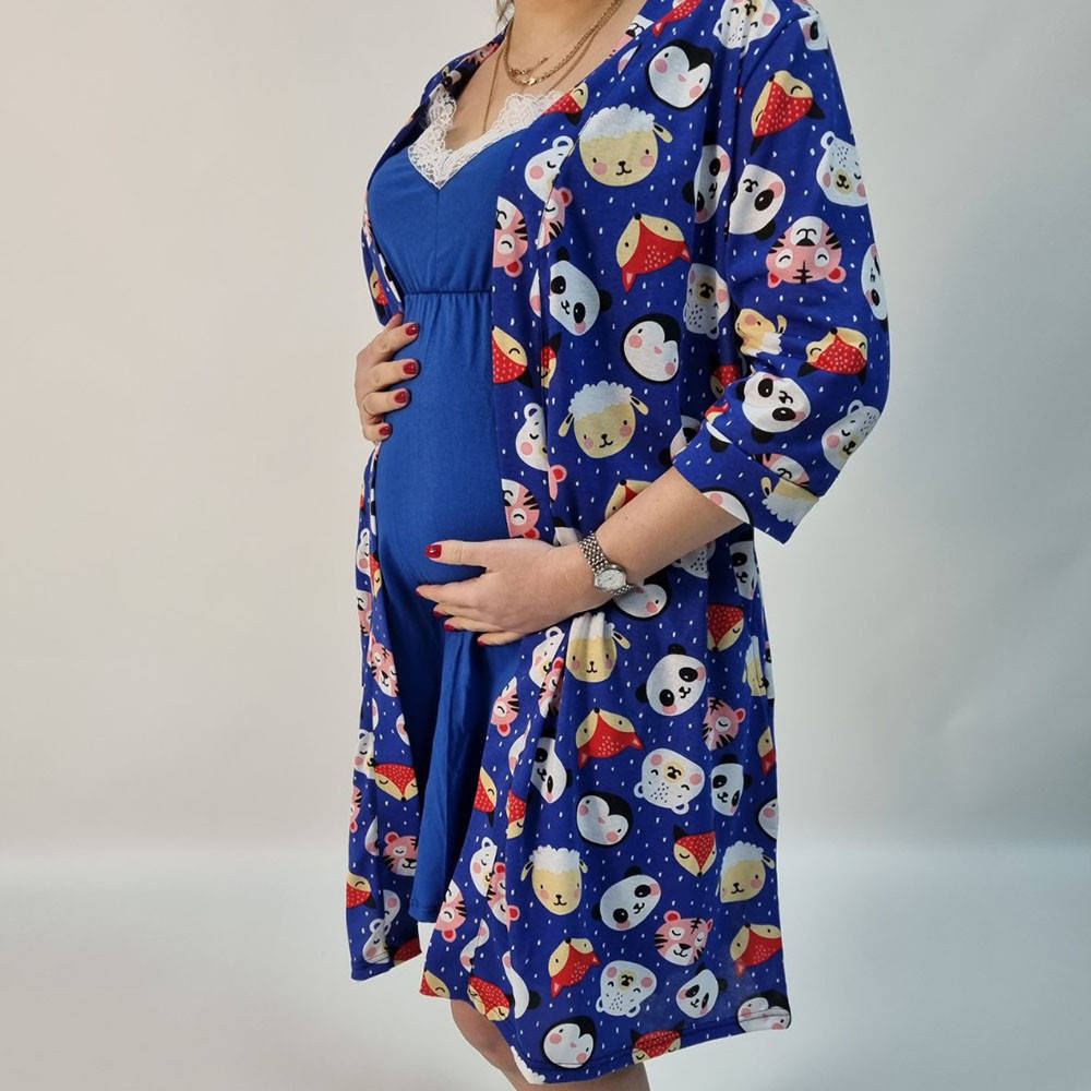 

Комплект халат и ночначная рубашка для беременных и кормящих Зверушки, синий