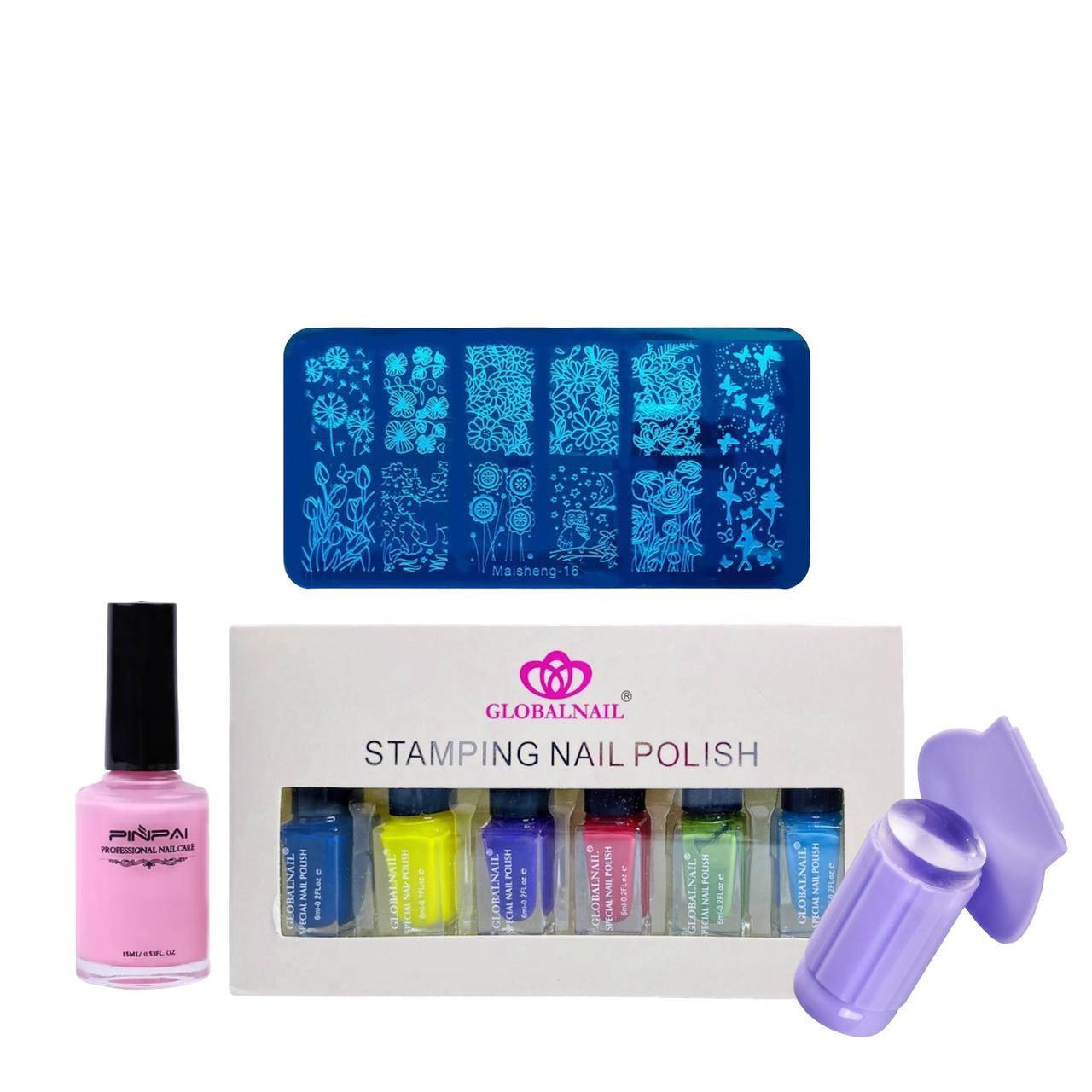 

Набор для стемпинга. Штамп, пластина, лаки, жидкая лента все для стемпинга.