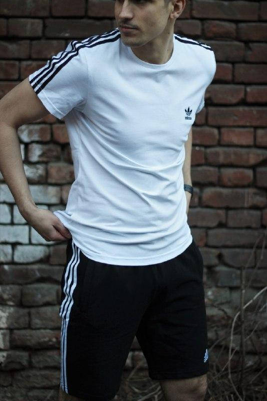 

Спортивный костюм мужской летний Adidas. Футболка белая, Шорты черные Adidas M, Белый