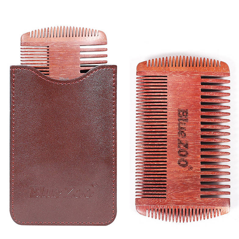 

4-сторонний гребень для бороды и волос Blue ZOO из сандалового дерева с коричневым чехлом