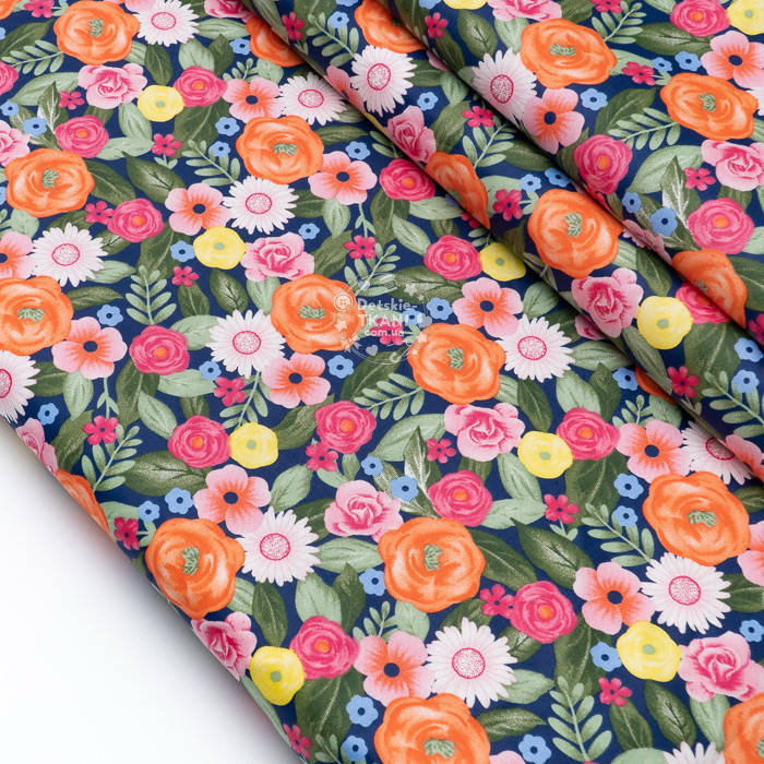 

Ткань сатин "Бабушкины цветы" на синем фоне, №4081с, Разные цвета