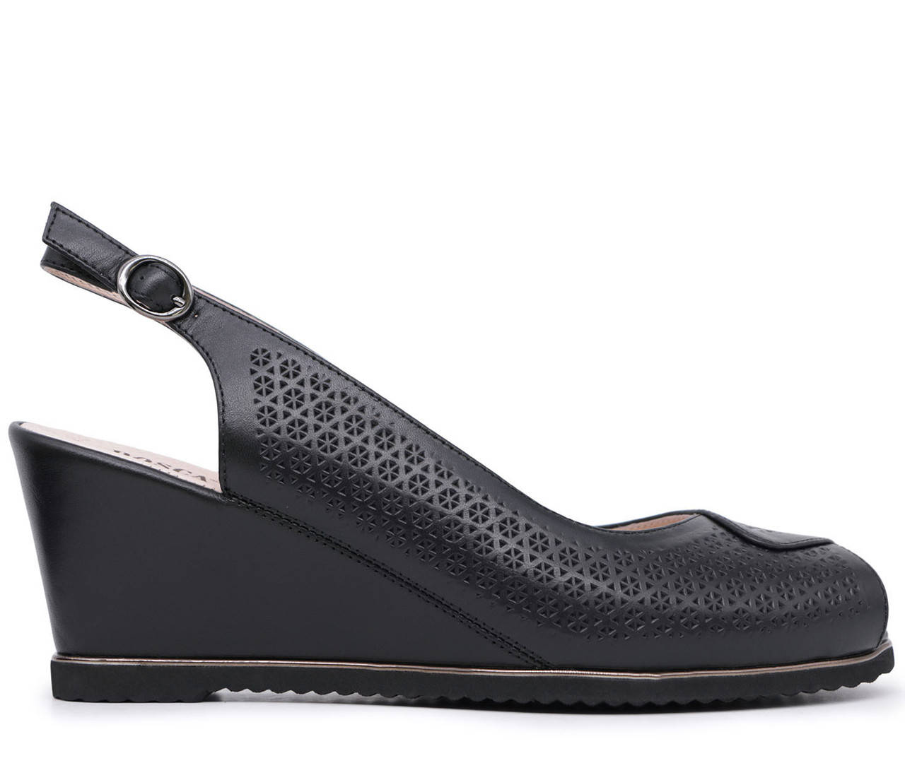 

Женские натуральные кожаные классические перфорированные черные босоножки на танкетке Польша