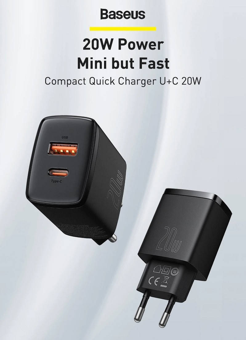 

Быстрое зарядное устройство Baseus Compact Quick Charger 20W 1USB + Type-C (CCXJ-B01) Black Гарантия!, Черный
