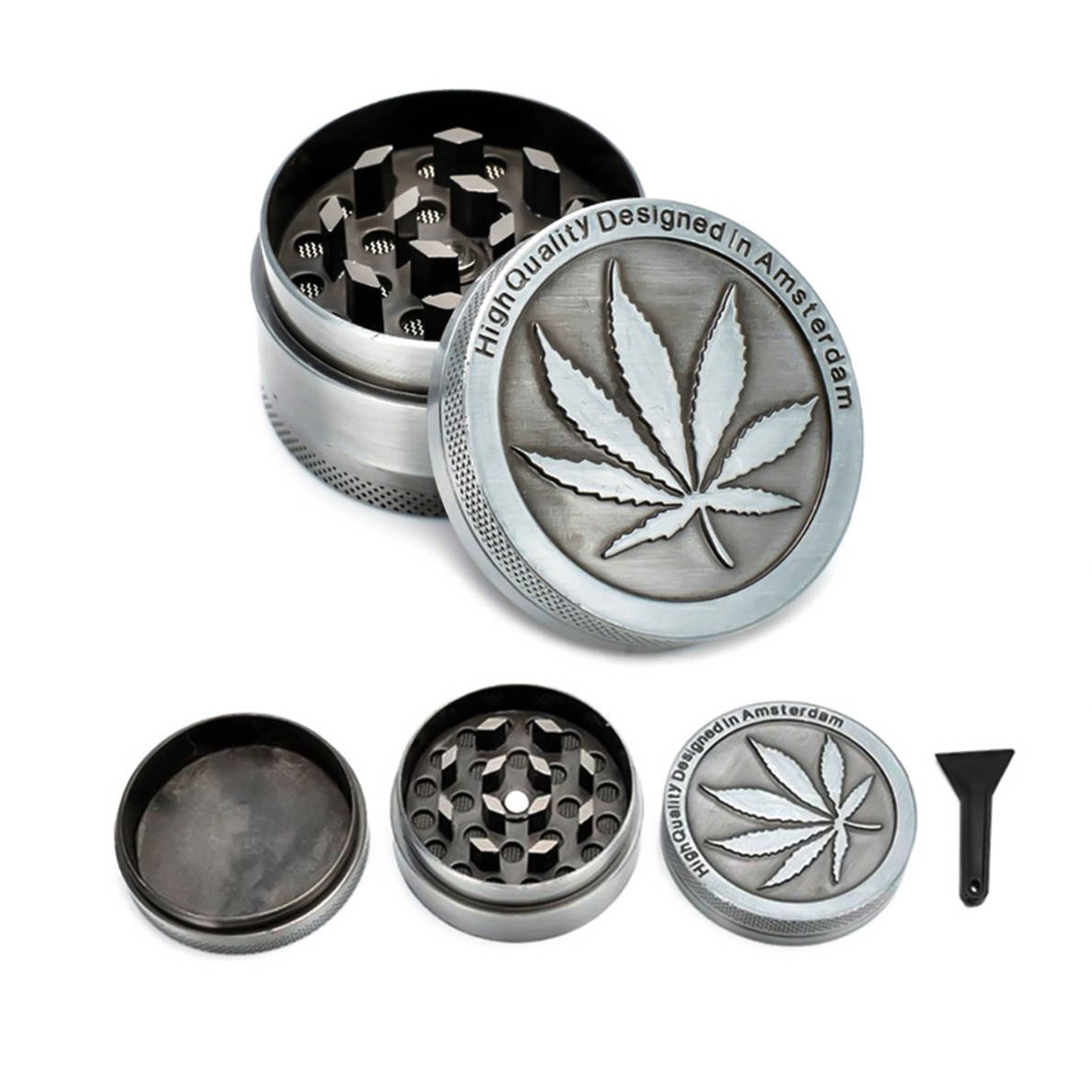 

Гриндер металлический крешер 40 мм с гравировкой листик Амстердам Amsterdam на 3 секции