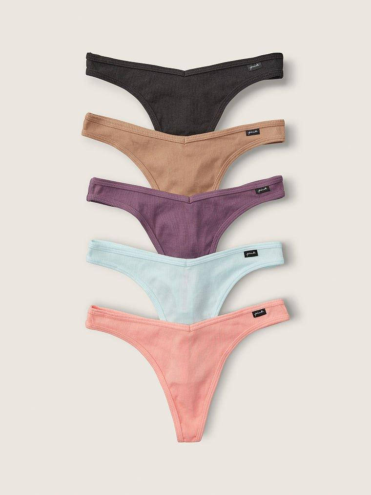 

Хлопковые Трусики Стринги Victoria's Secret PINK Cotton Rib Thongs, Набор 5 шт S, Разные цвета