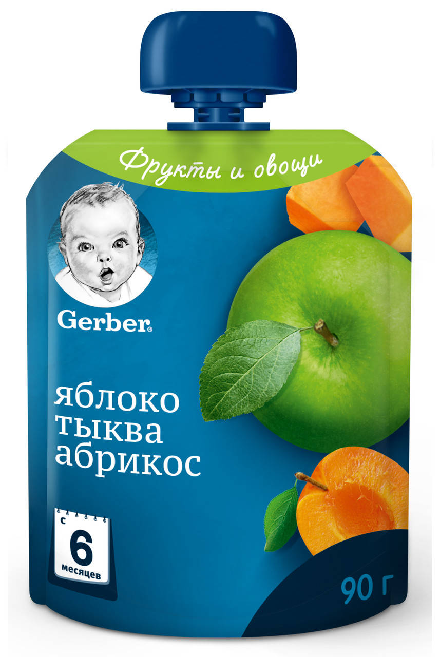 

Фруктово-овощное пюре GERBER "Яблоко, тыква, абрикос", 90г