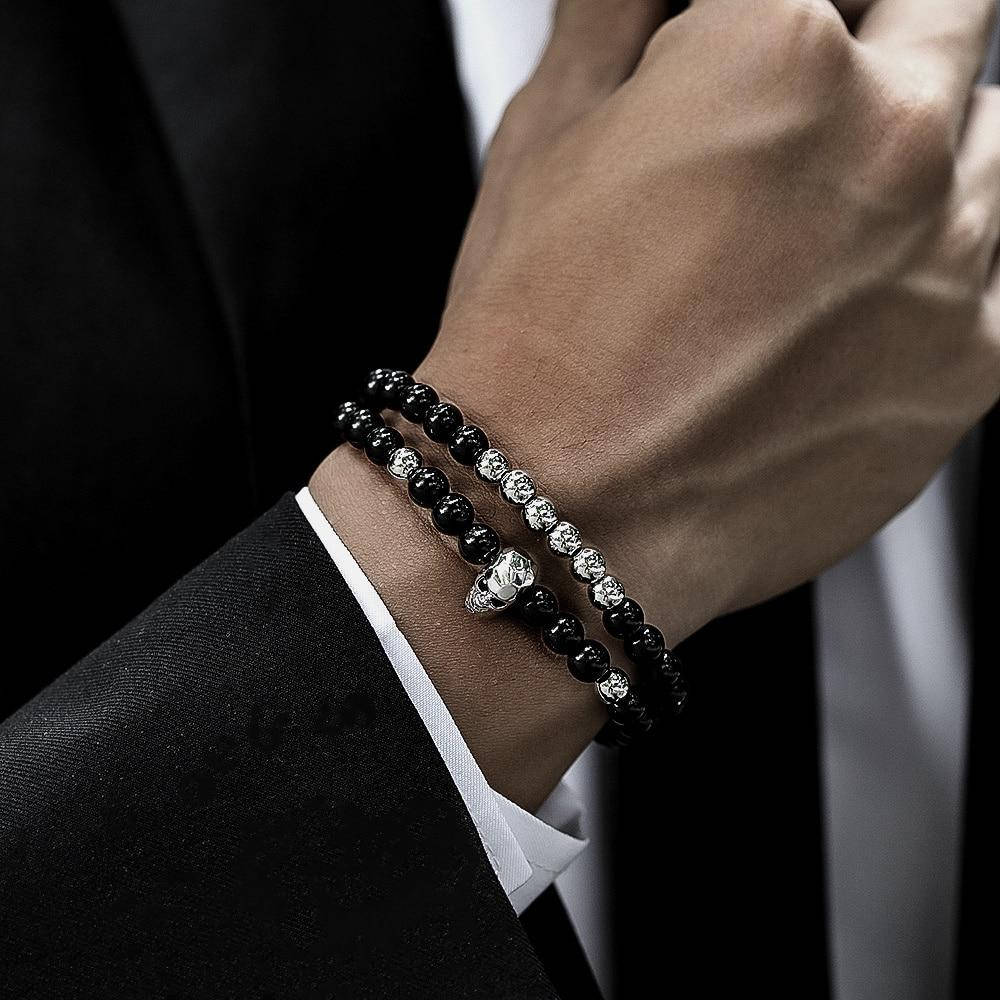 

Браслет мужской из натурального камня BALD HEAD черный + серебристый с черепом