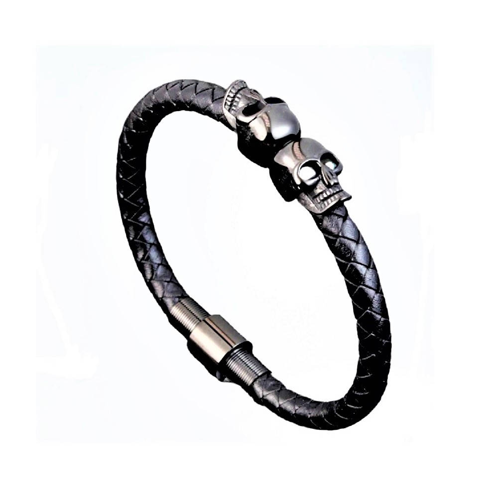 

Браслет кожаный плетеный "Два черепа" Black-black