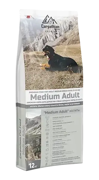 

Carpathian Pet Food – Medium Adult (3кг) Для взрослых собак средних пород весом от 11 до 25 кг