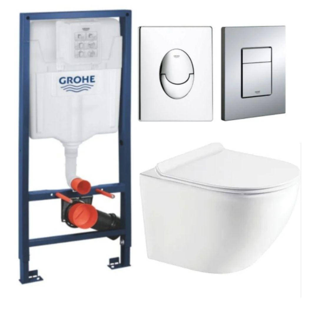 

Комплект 5в1: Инсталляция Grohe Rapid +Безободковый Подвесной унитаз round+ клавиша
