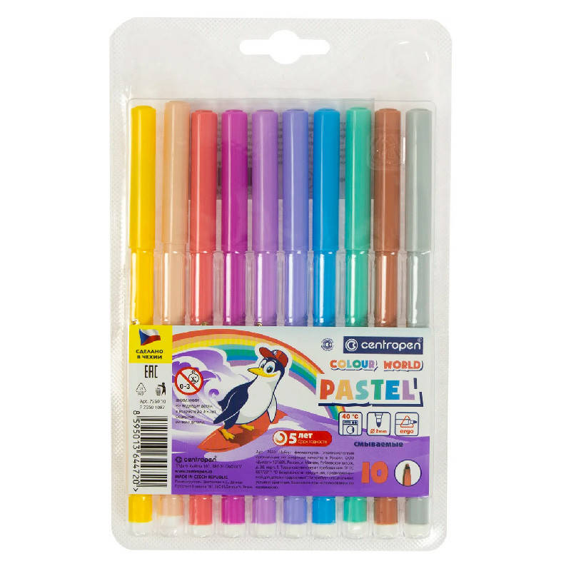 

Фломастеры "Centropen" 10 цветов №7550/1009TP пастель, Разные цвета