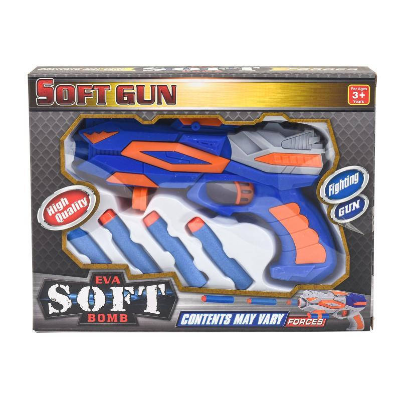 

Пистолет бластер, стреляет пластиковыми пульками присосками, пули мягкие в наборе 4шт, длина игрушки 20 см.