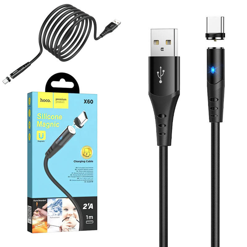 

Магнитный кабель для зарядки Type C Hoco X60 1м черный, шнур для зарядки телефона тайп си | кабель тайпсі (VF)