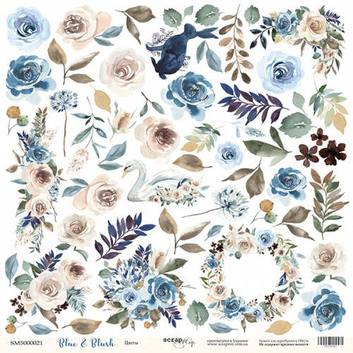 

Папір односторонній для вирізання - Цветы - Blue & Blush - Scrapmir - 30х30