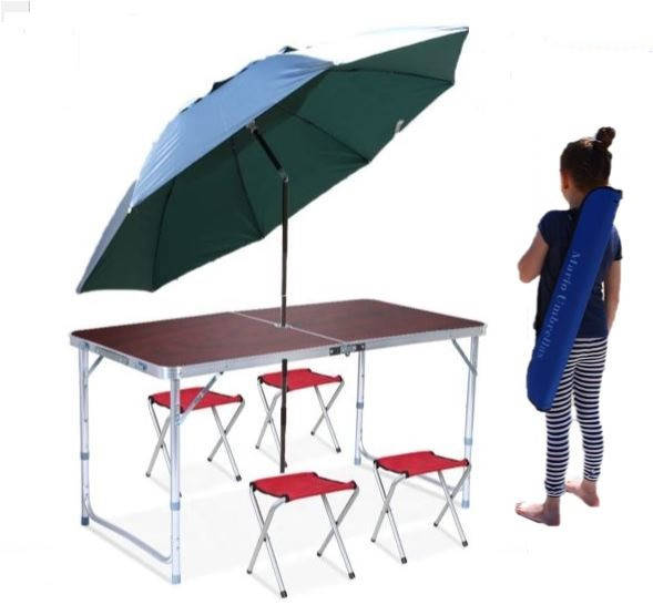

Туристический складной стол + 4 стула + компактный зонт, Коричневый