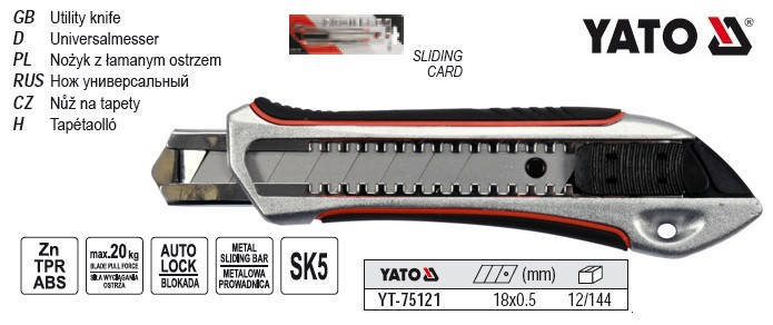 

Нож YATO Польща ніж висувне лезо h=18 мм SK5 Zn/TPR/ABS YT-75121