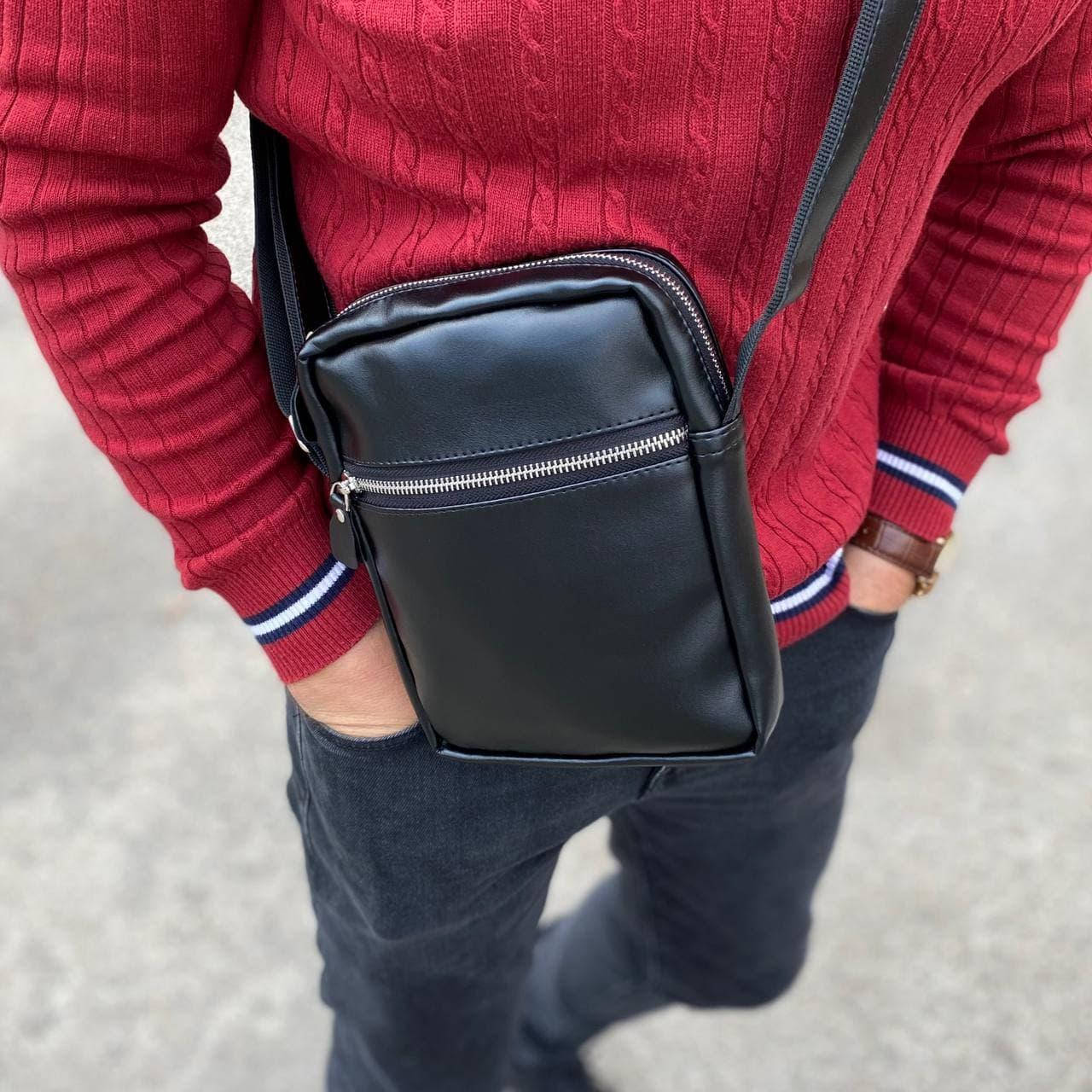 

Мужская сумка барсетка через плечо, черная эко кожаная, стильный мессенджер ежедневная сумка, Черный