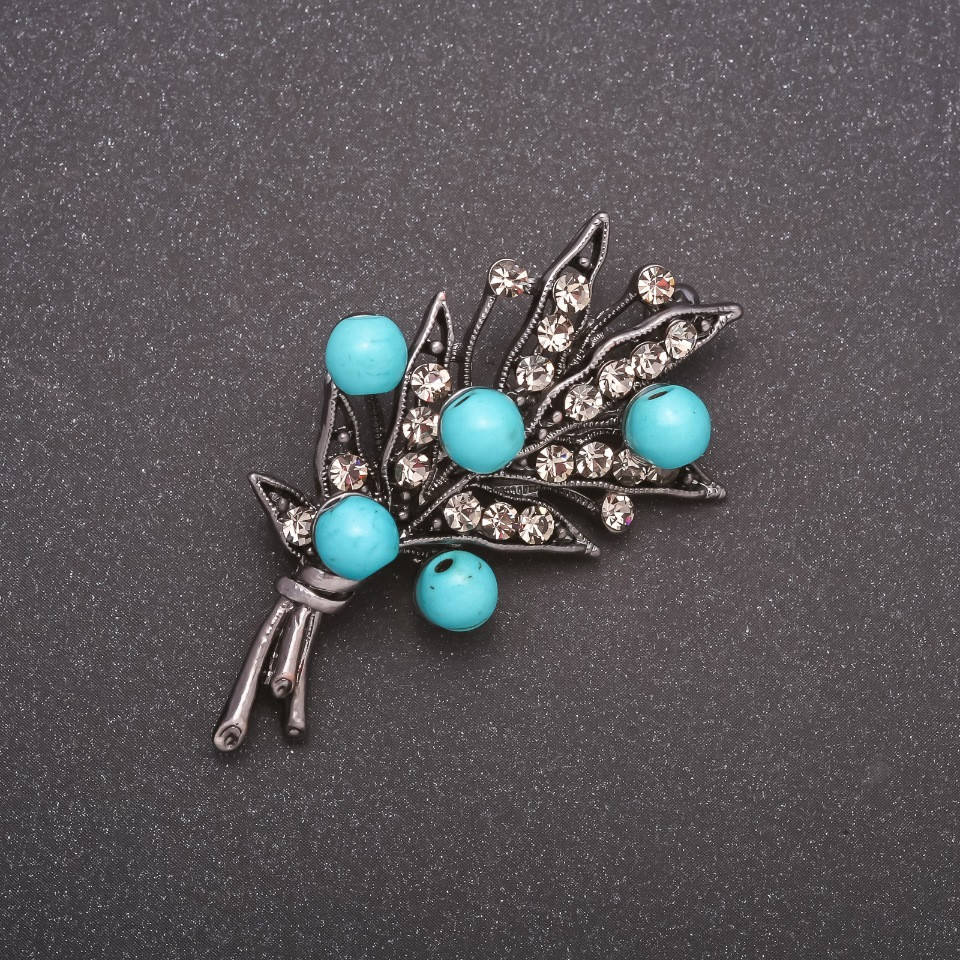 

Брошь с натуральным камнем бирюза (пресс) Букет цвет металла серый 53х32мм