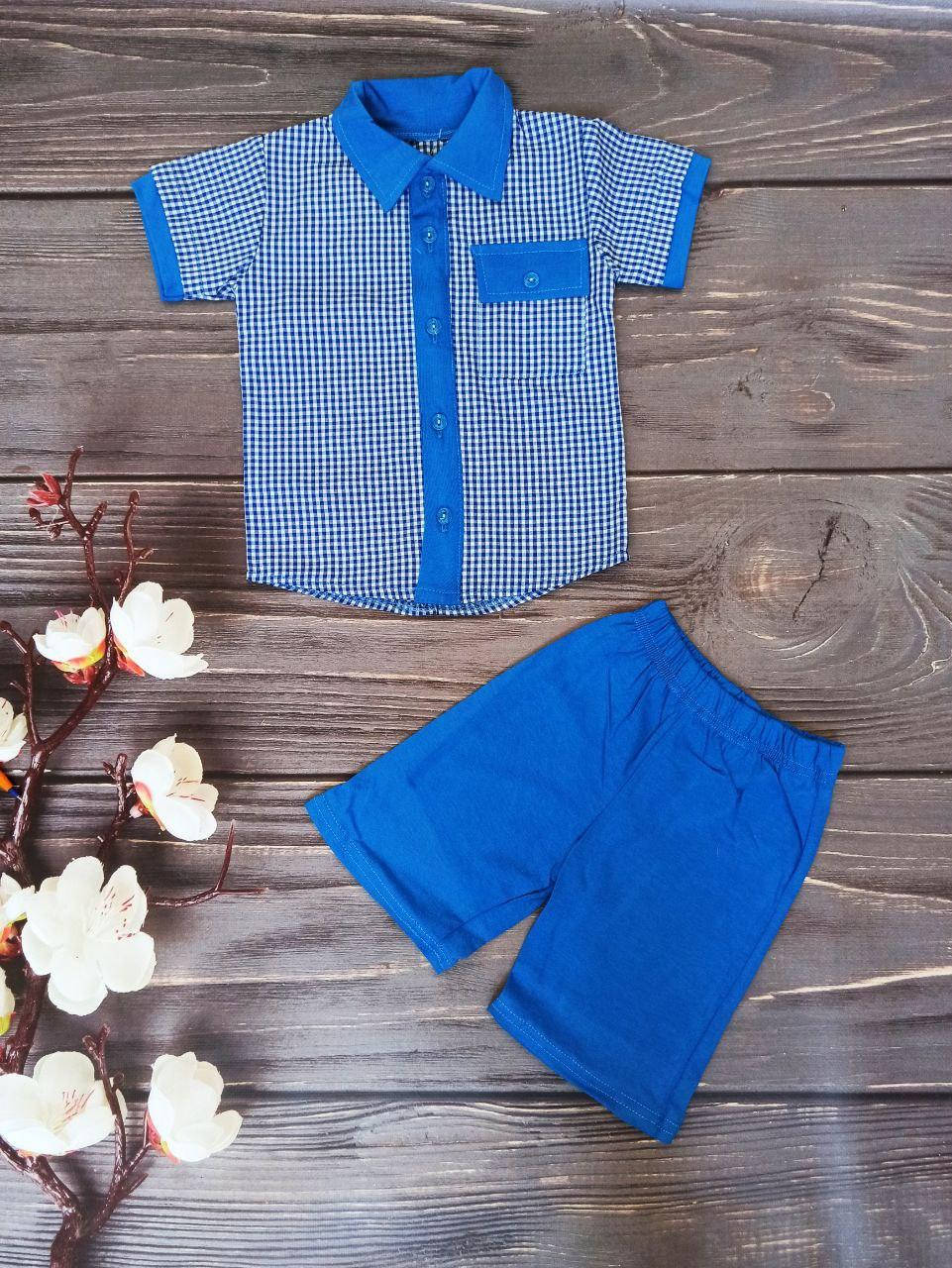 

Летний набор для мальчика рубашка и шорты на годик 92-98 98-104 см синего цвета нарядный костюм комплект