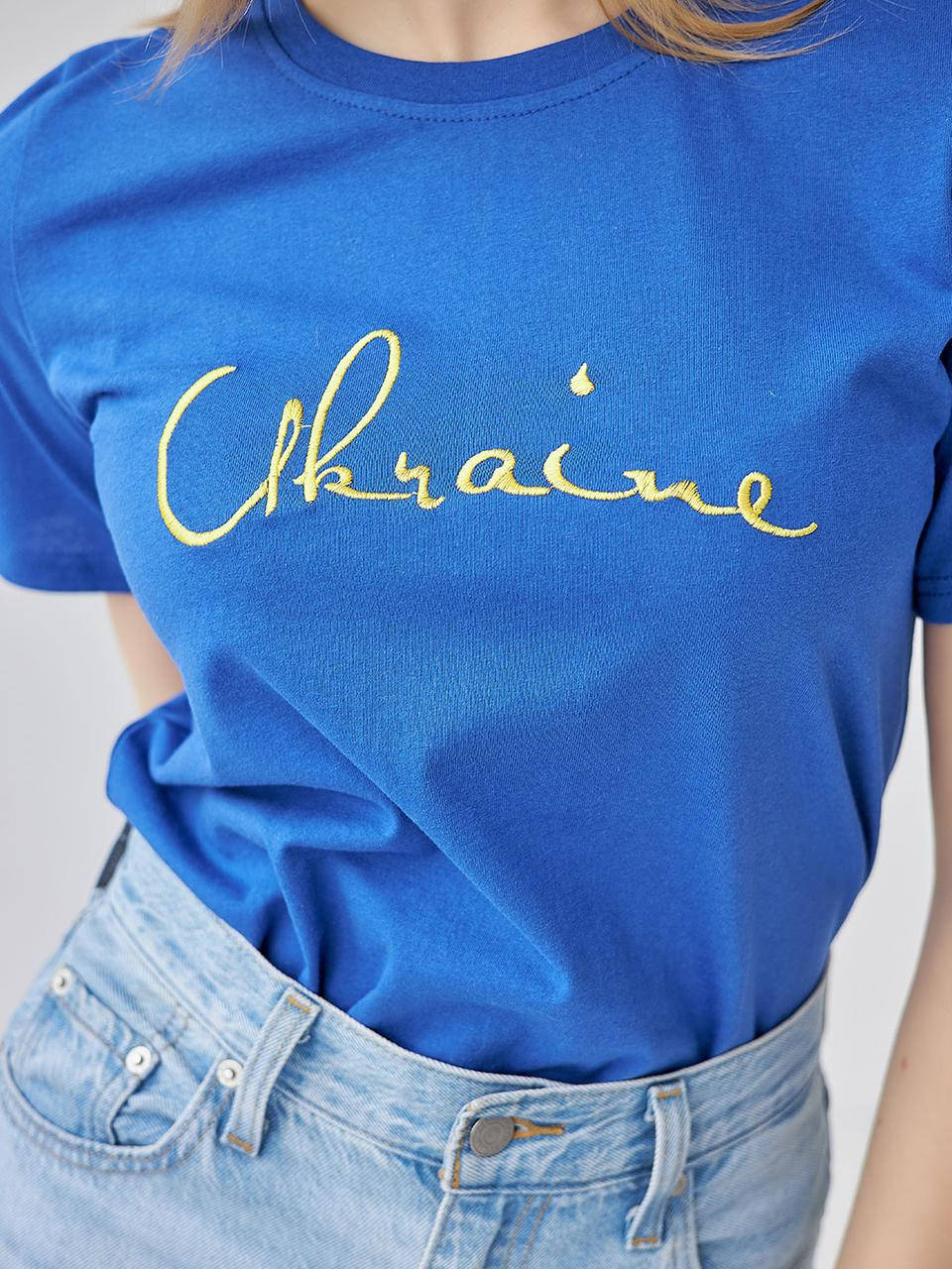 

Футболка женская хлопковая, патриотическая с вышивкой Украина, Синий, L