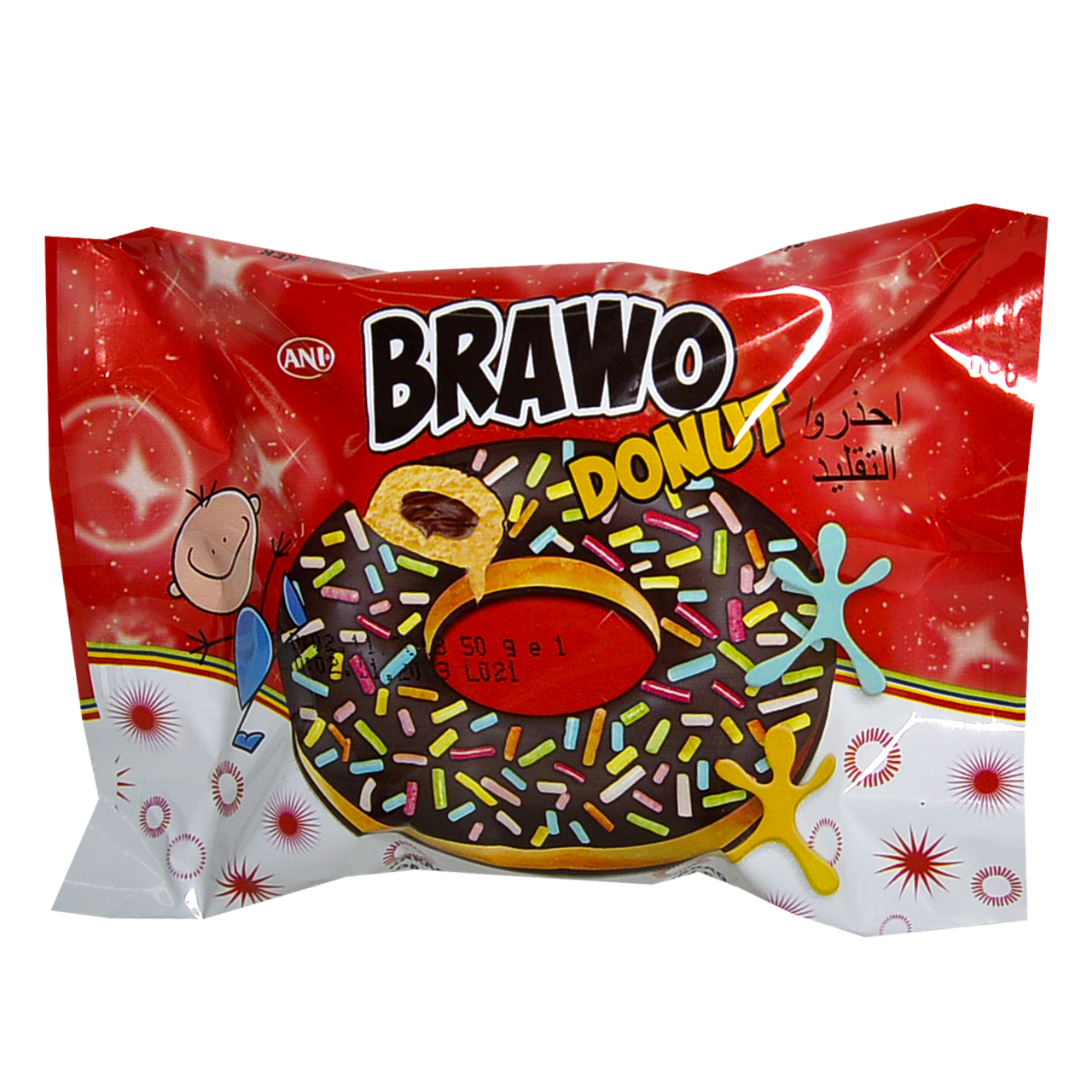 

Кекс Brawo Donut с шоколадным кремом и цветными гранулами 50г (уп/24шт)