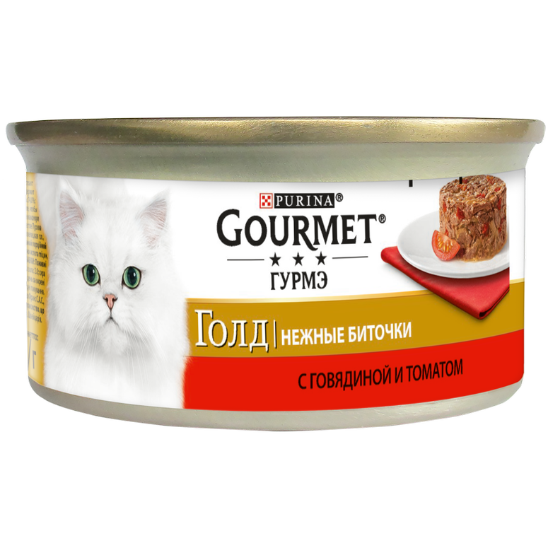 

Влажный корм для кошек Purina Gourmet Gold Нежные биточки с говядиной и томатом 85 г.
