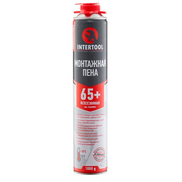 

Пена монтажная профессиональная INTERTOOL , всесезонная, 750мл 1000г. 65л.+, под пистолет