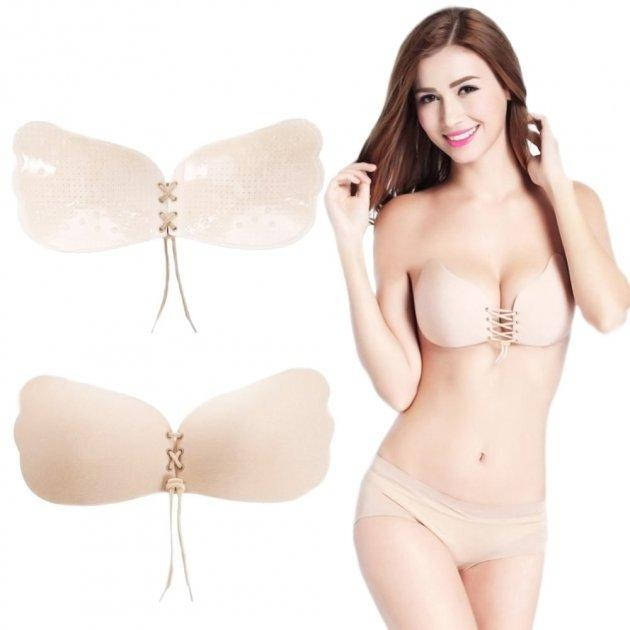 

Невидимый силиконовый бюстгальтер для декольте Fly Bra Beige без бретель на шнуровке Бежевый / Черный