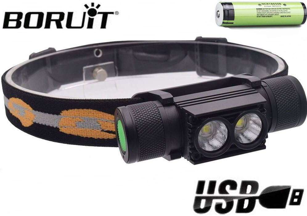 

Налобный фонарь BORUiT D25 с ТЕПЛЫМ СВЕТОМ + Аккумулятор 3400mAh Panasonic (4000k, XM-L2*2 led, USB,18650), Черный