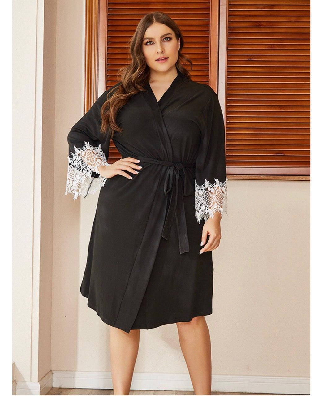 

Женский домашний халат, черный с кружевом больших размеров 4XL-5XL