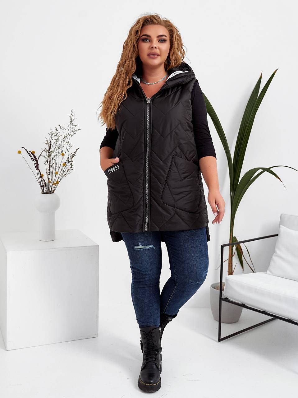 

Р. 48-58 Женский стеганый удлиненный жилет больших размеров Черный, 58/60