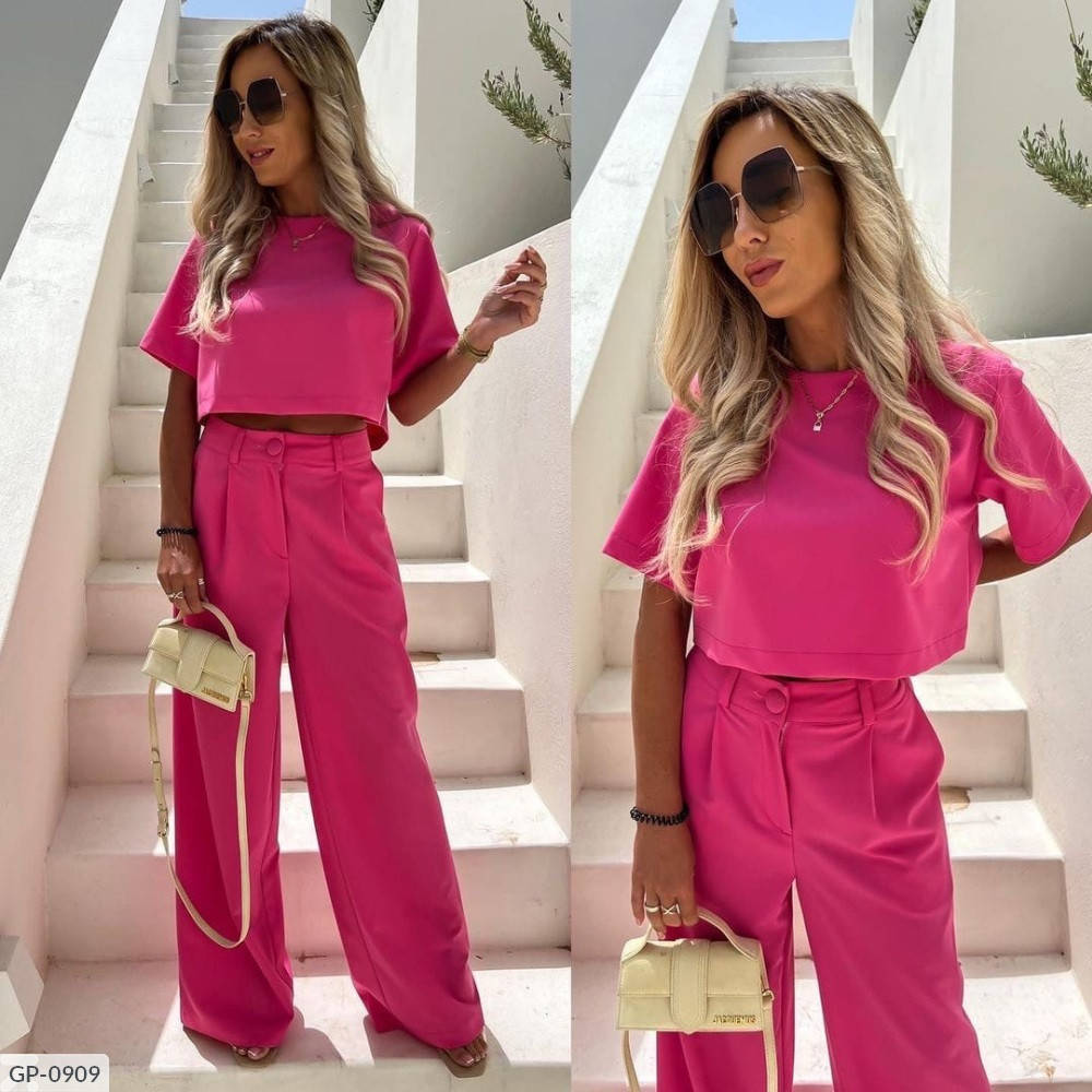 

Костюм летний футболка короткая и широкие брюки костюмка молоко, малина, трава, апельсин 44-46, 40-42