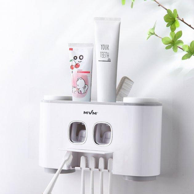 

Держатель для зубных щеток с диспенсером и стаканами (клеящийся) MVM BP-25 (бело-серый), Белый