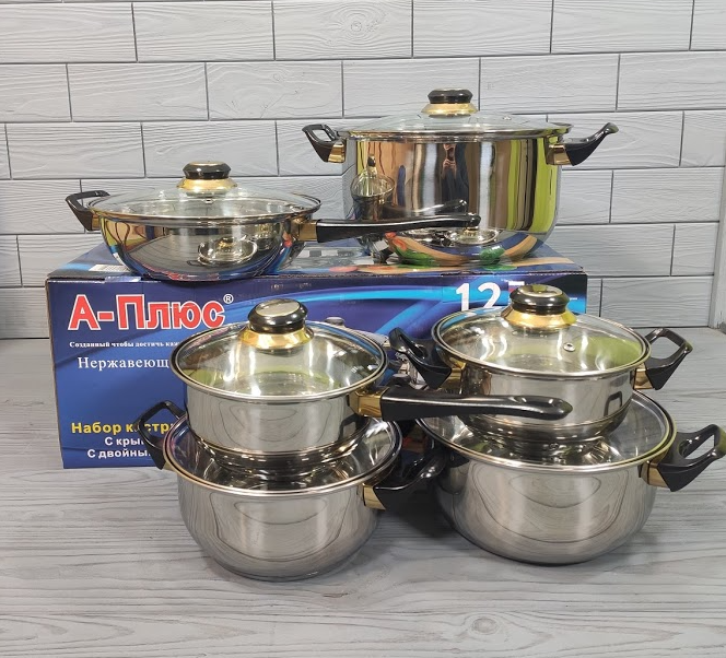 

Набор кастрюль 12 предметов A-Plus - 9036 12 предметов. Набор кухонной посуды из нержавеющей стали