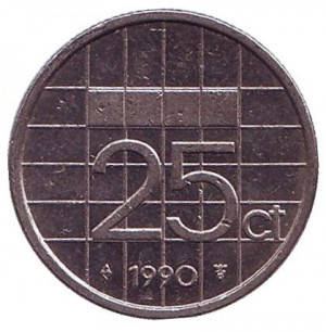

Монета 25 центов. 1990 год, Нидерланды.