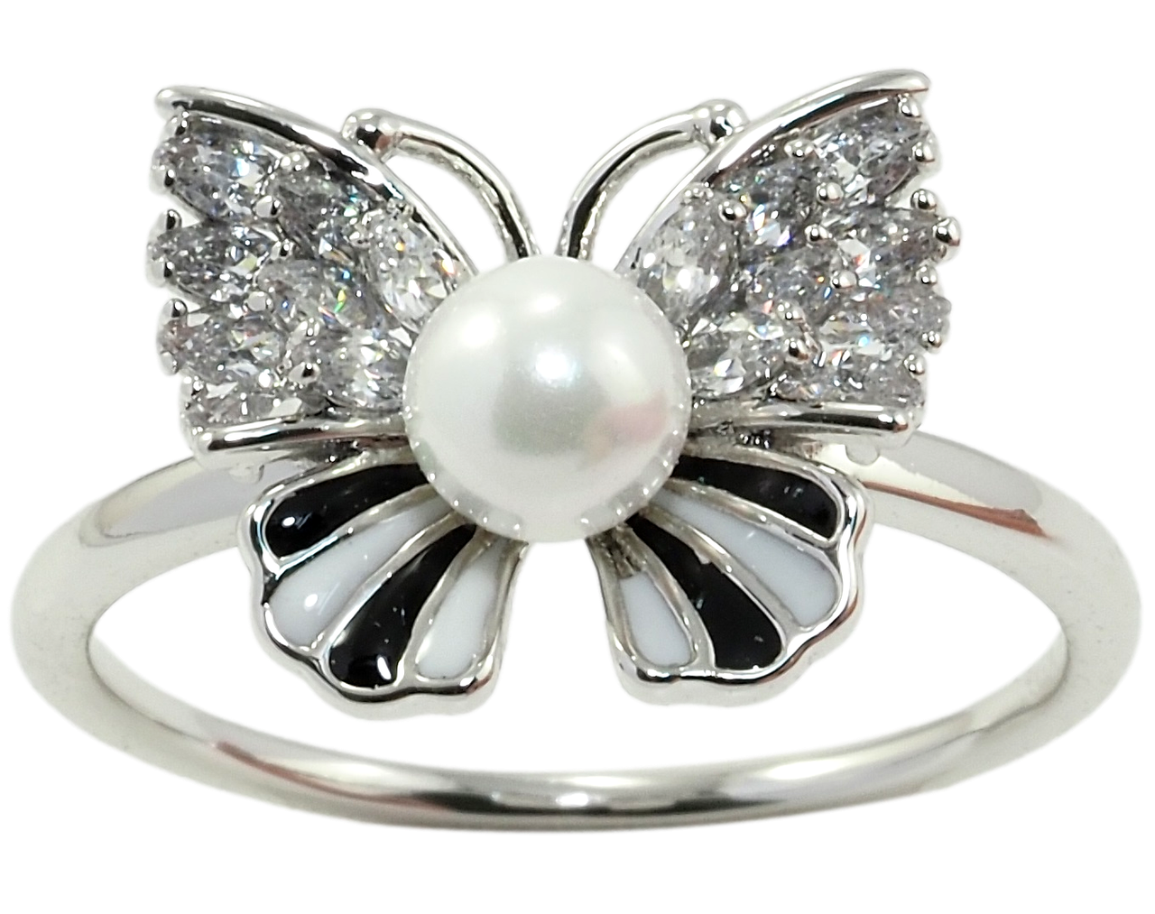 

Кольцо Xuping Родий "Бабочка с жемчужиной, цирконием и черно-белой эмалью" р.16,17,18,18.5,19,19.5