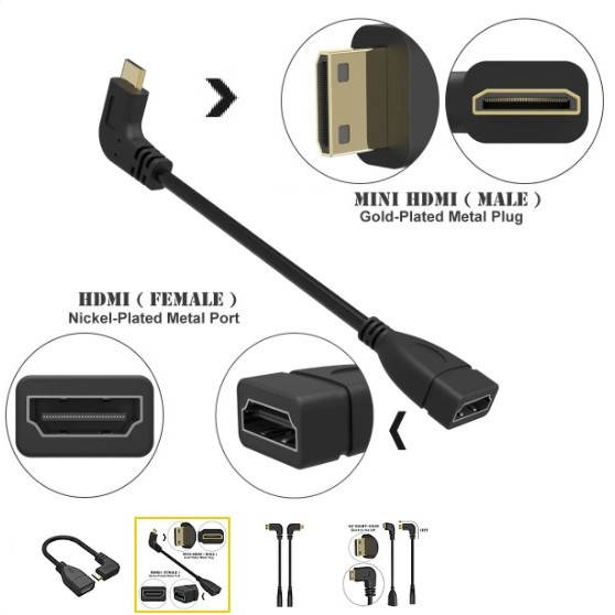 

Угловой кабель HDMI мини - HDMI mama OTG 90 град. левый угол 90 градусов, Черный