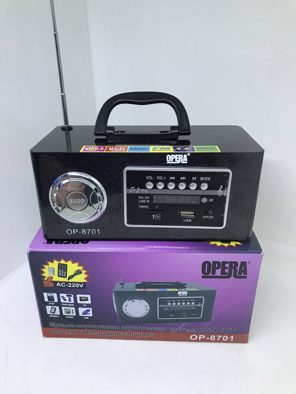 

Портативная колонка с радио и USB Opera 8701, часы, два динамика