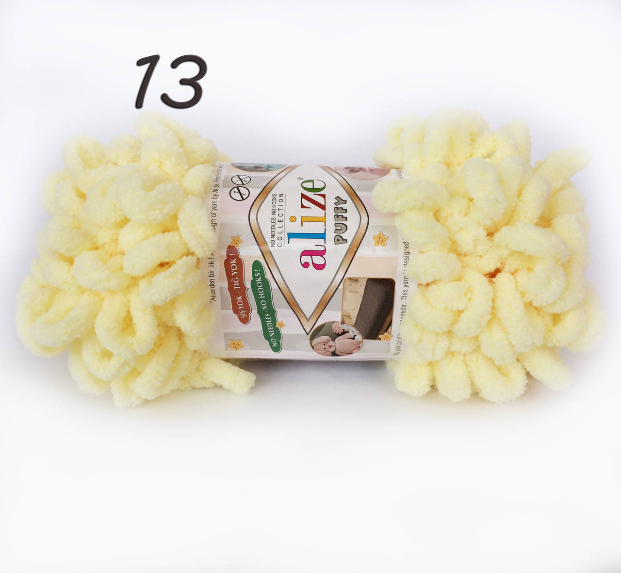 

Пряжа Alize Puffy 13 светло-желтый (Пуффи Ализе) для вязания без спиц руками с петельками петлями