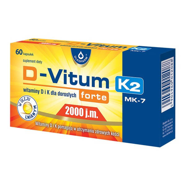 

D-Vitum K2 Forte 2000 j.m. - витамины Д и К для здоровья костей и зубов, 60 шт