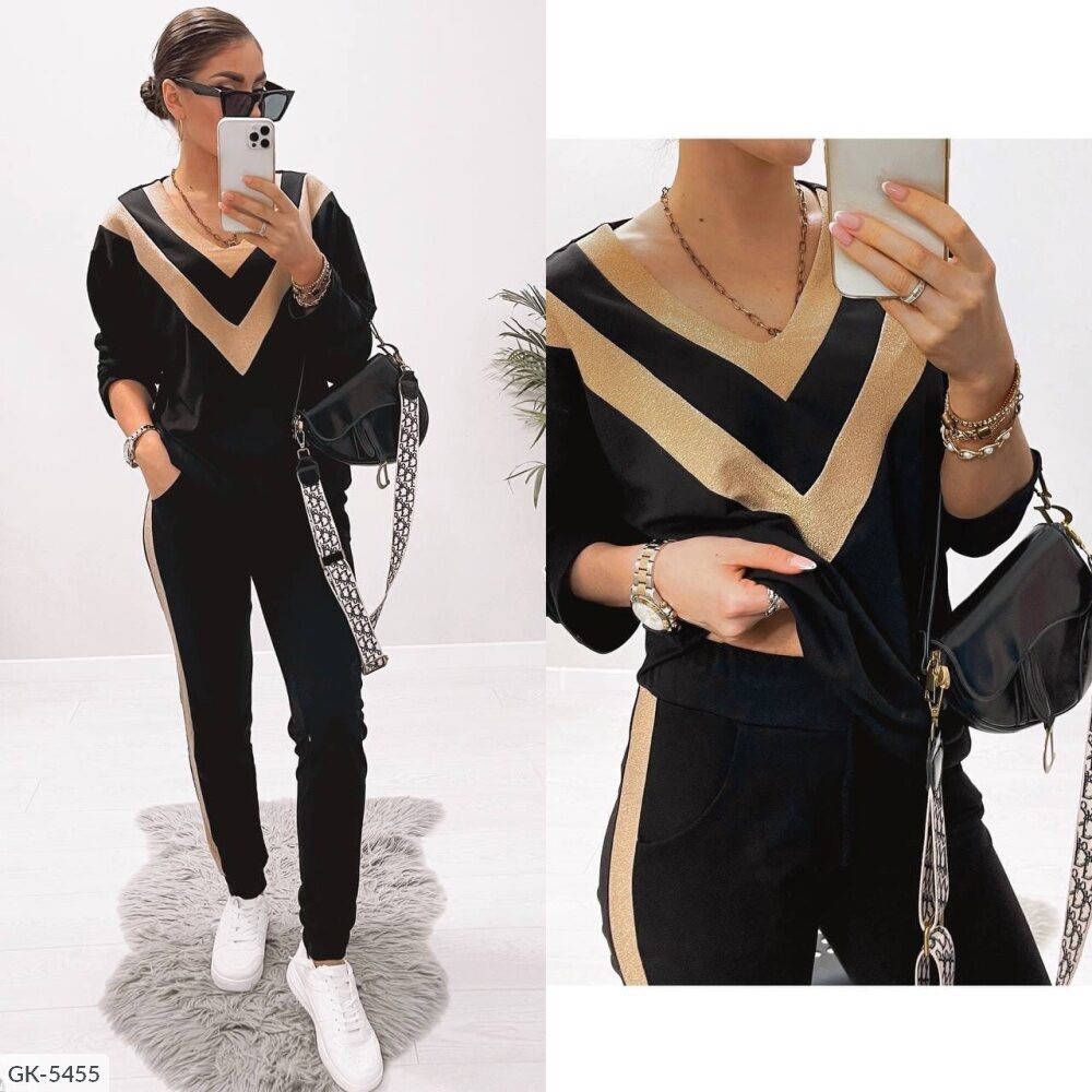 

Прогулочный костюм женский красивый двухцветный повседневный свитшот и штаны двунитка арт 223, Черный