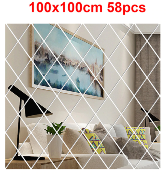 

Зеркальные пластиковые наклейки ромбы мозаика 58штук набор 100см*100см, самоклейки, Светло-серый