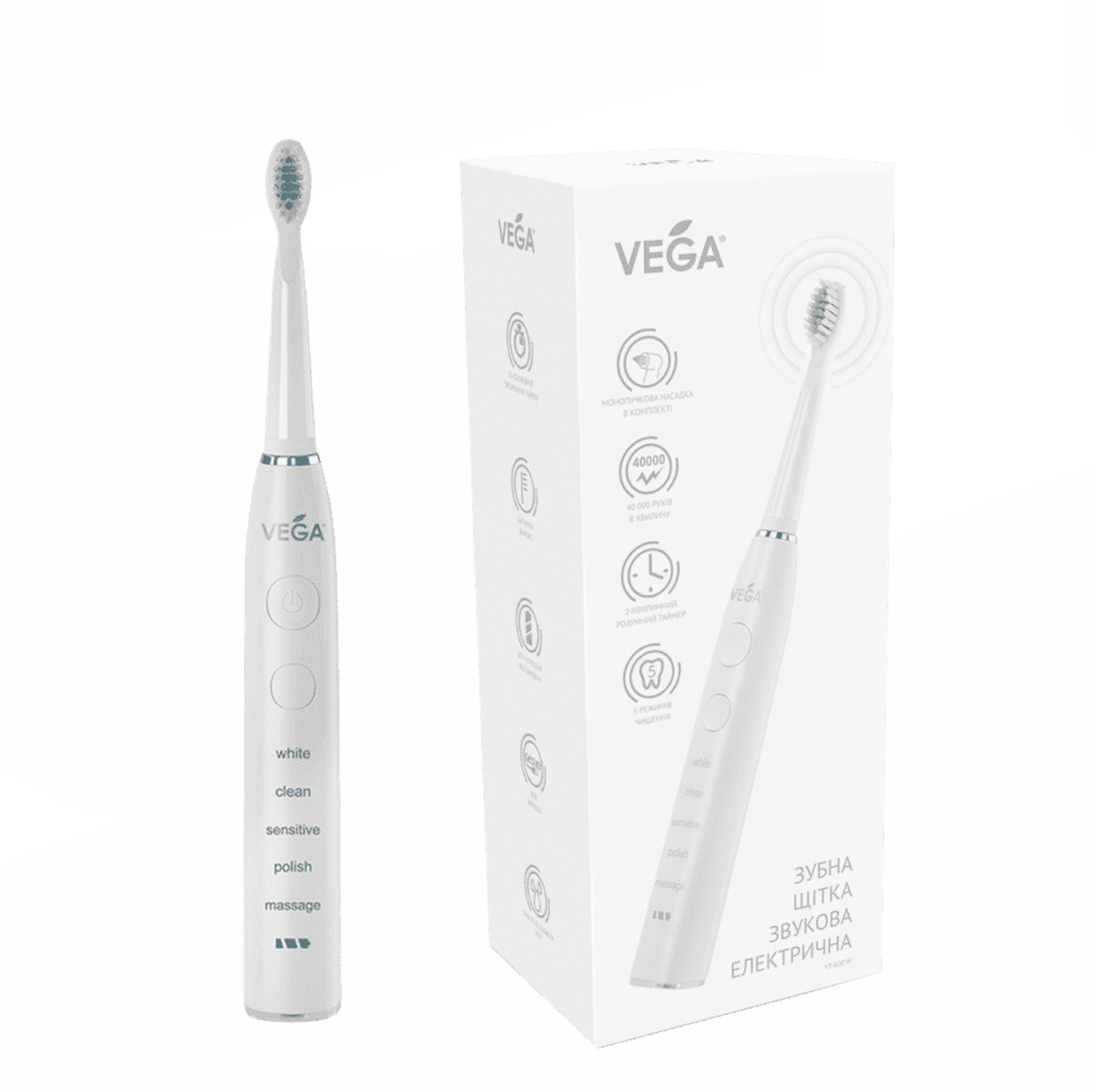 

Звуковая зубная щетка Vega VT-600 W (белая), Белый