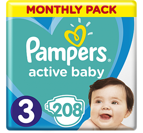 

Подгузники PAMPERS ACTIVE BABY размер 3 (MIDI) 5-9 кг, 208 шт., Белый